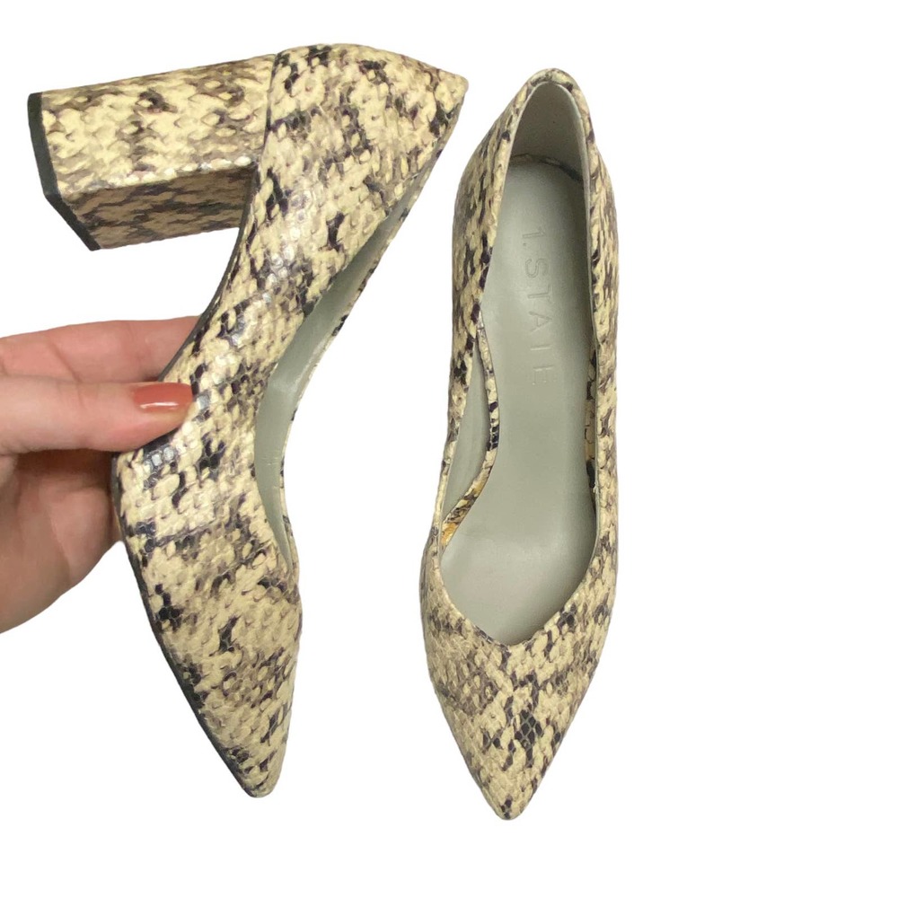 1. STATE Saffy Snakeskin Leather Pointed Toe Pumps Block Heel 7.5 38 Heels